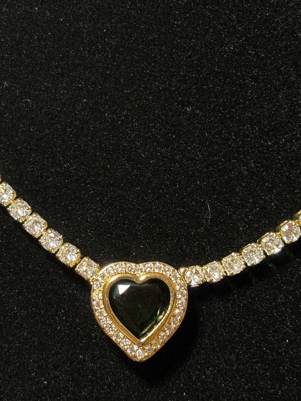 3.2mm Yellow Gold Emerald Green Heart Halo CZ Tennis Necklace 19in. - Picture 13 of 16